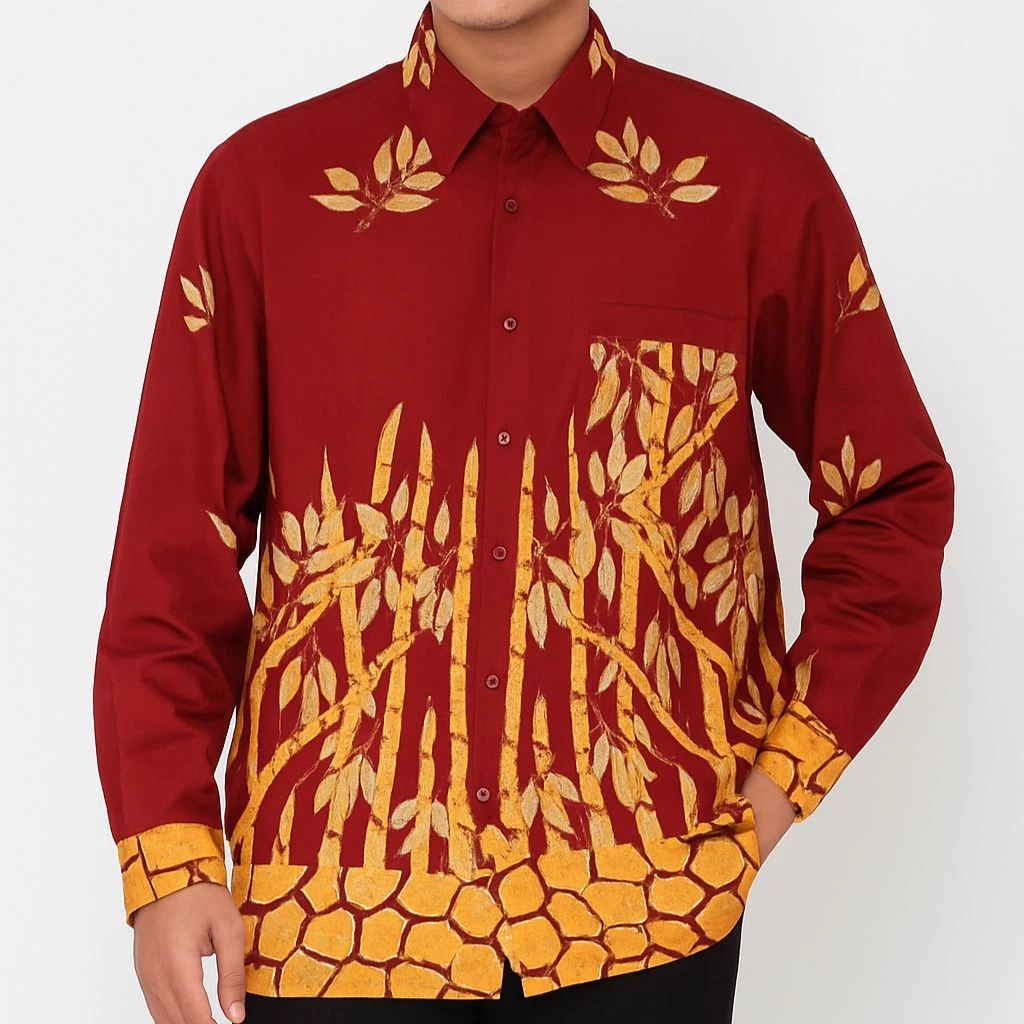 Kemeja Batik Pria Lengan Panjang Motif Bambu / Baju Batik Tulis Katun Premium